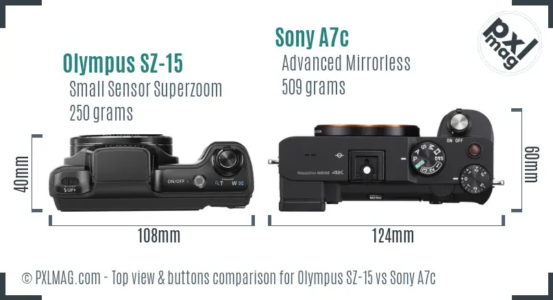 Olympus SZ-15 vs Sony A7c top view buttons comparison