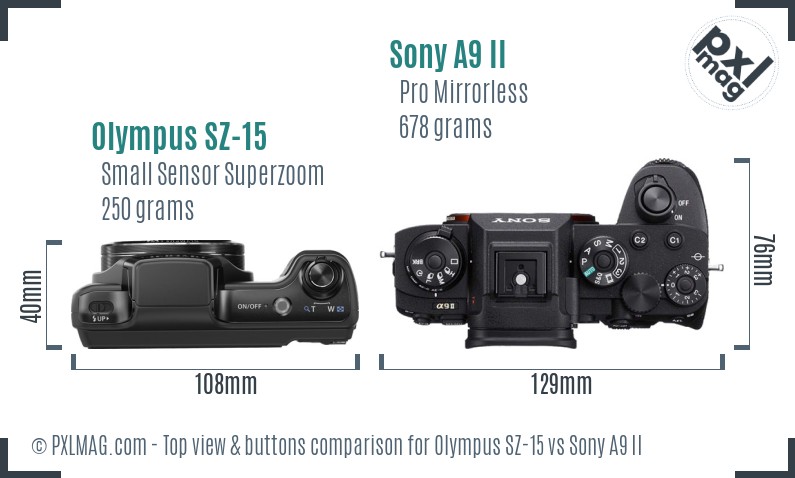 Olympus SZ-15 vs Sony A9 II top view buttons comparison