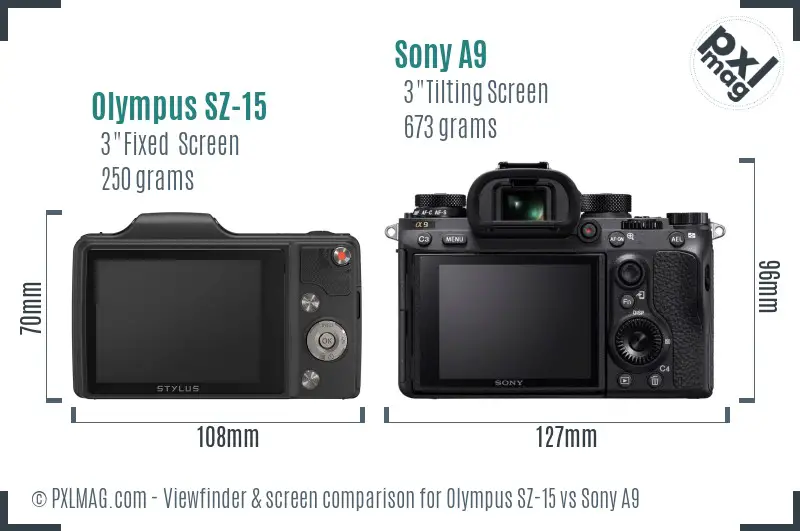 Olympus SZ-15 vs Sony A9 Screen and Viewfinder comparison