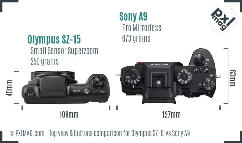 Olympus SZ-15 vs Sony A9 top view buttons comparison