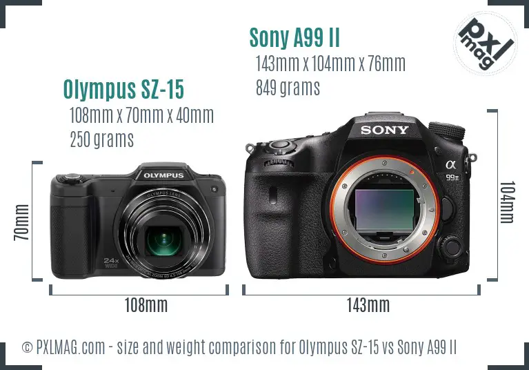 Olympus SZ-15 vs Sony A99 II size comparison
