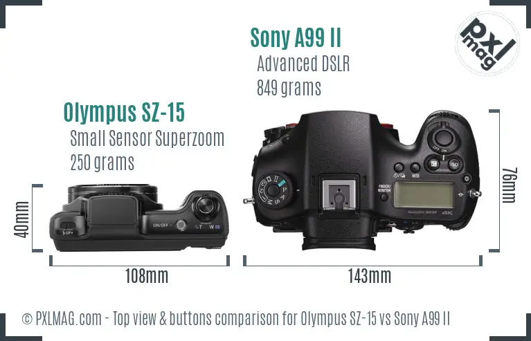 Olympus SZ-15 vs Sony A99 II top view buttons comparison