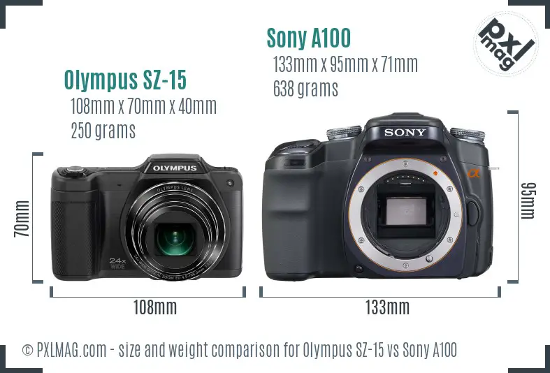 Olympus SZ-15 vs Sony A100 size comparison