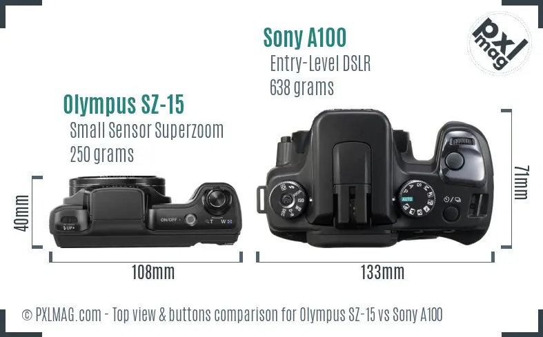 Olympus SZ-15 vs Sony A100 top view buttons comparison