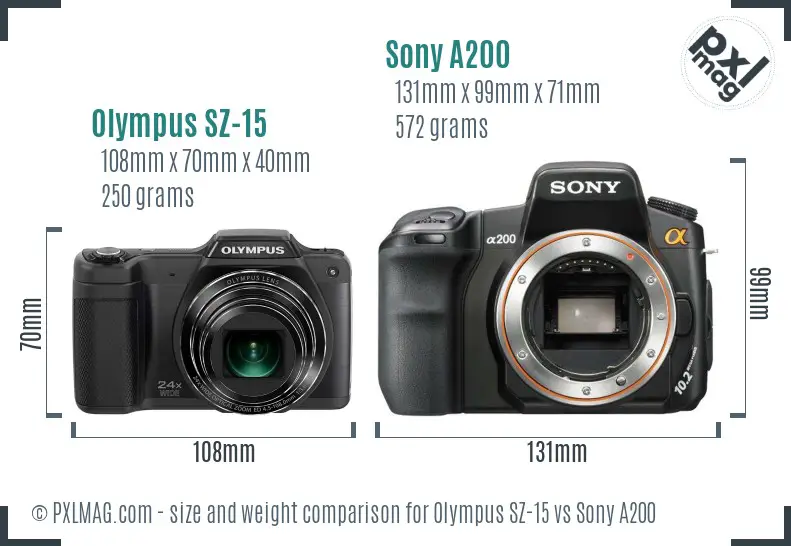 Olympus SZ-15 vs Sony A200 size comparison