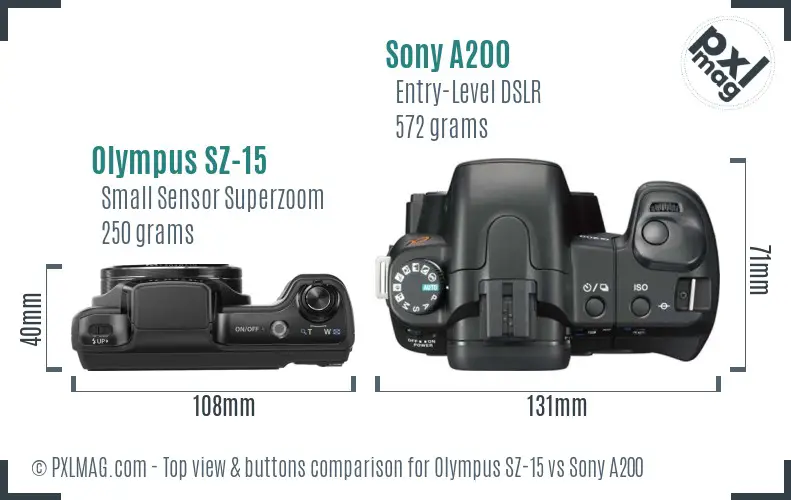 Olympus SZ-15 vs Sony A200 top view buttons comparison