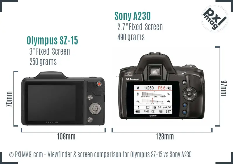 Olympus SZ-15 vs Sony A230 Screen and Viewfinder comparison