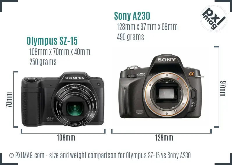 Olympus SZ-15 vs Sony A230 size comparison