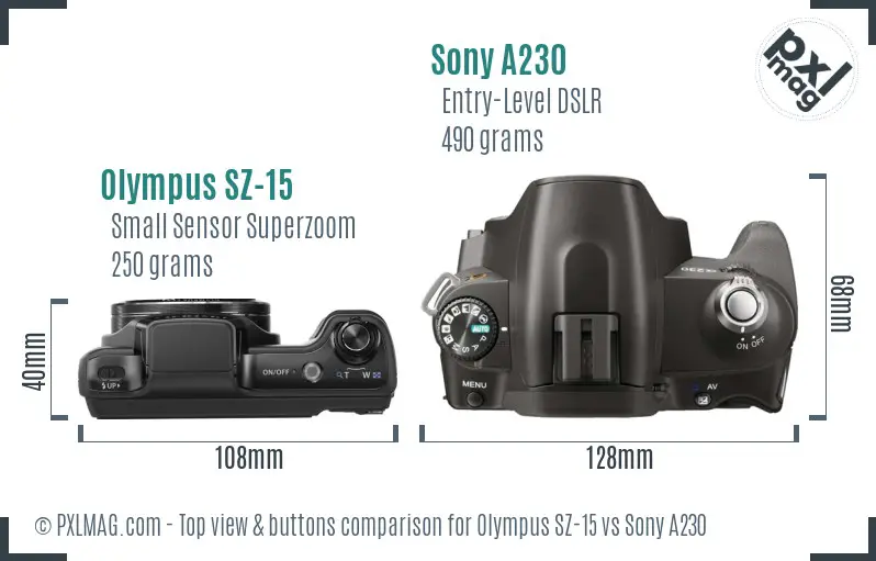 Olympus SZ-15 vs Sony A230 top view buttons comparison