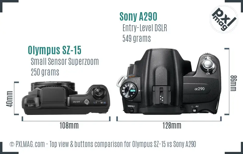 Olympus SZ-15 vs Sony A290 top view buttons comparison