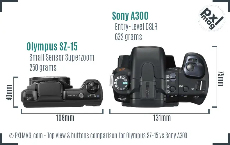 Olympus SZ-15 vs Sony A300 top view buttons comparison