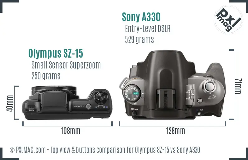 Olympus SZ-15 vs Sony A330 top view buttons comparison