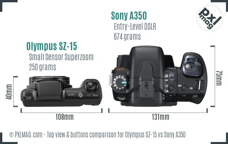 Olympus SZ-15 vs Sony A350 top view buttons comparison