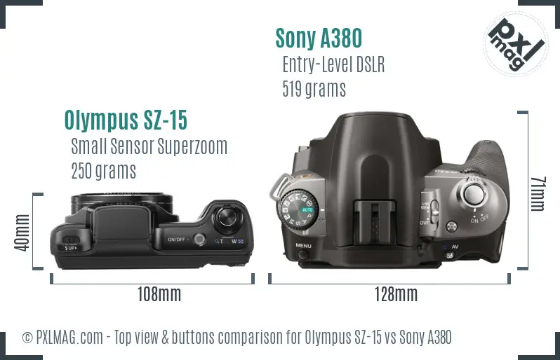 Olympus SZ-15 vs Sony A380 top view buttons comparison