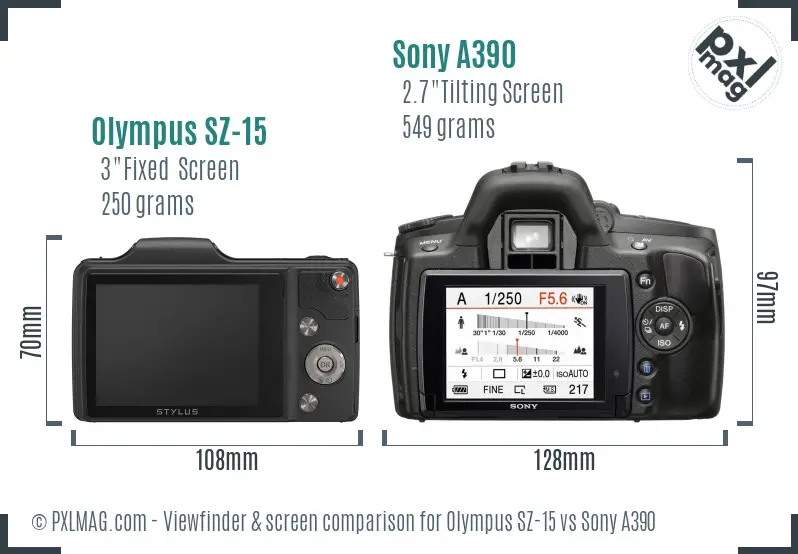 Olympus SZ-15 vs Sony A390 Screen and Viewfinder comparison