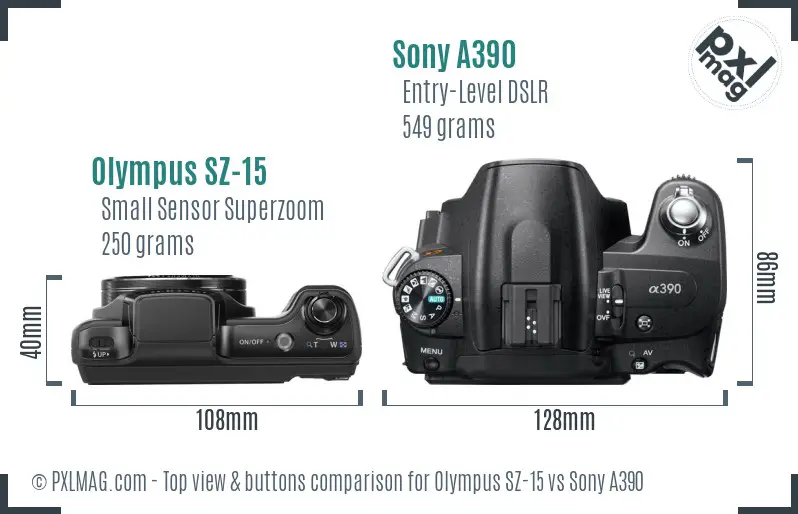 Olympus SZ-15 vs Sony A390 top view buttons comparison
