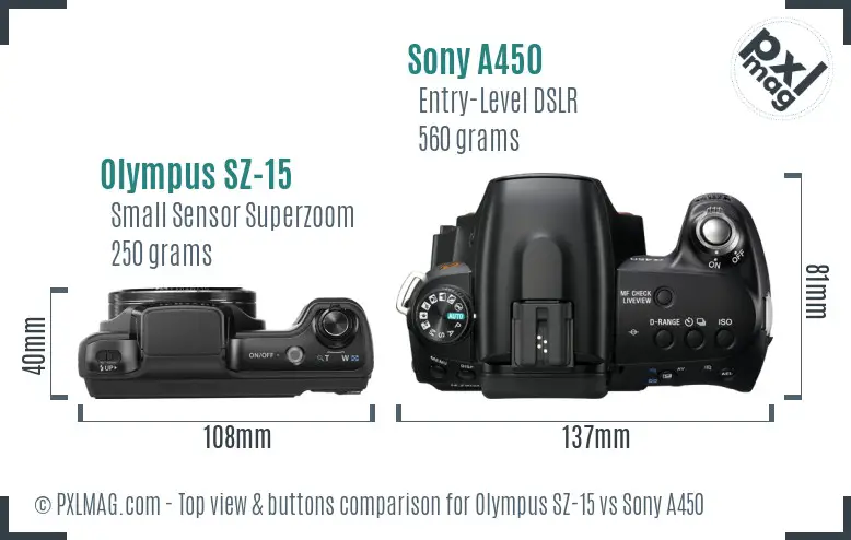 Olympus SZ-15 vs Sony A450 top view buttons comparison