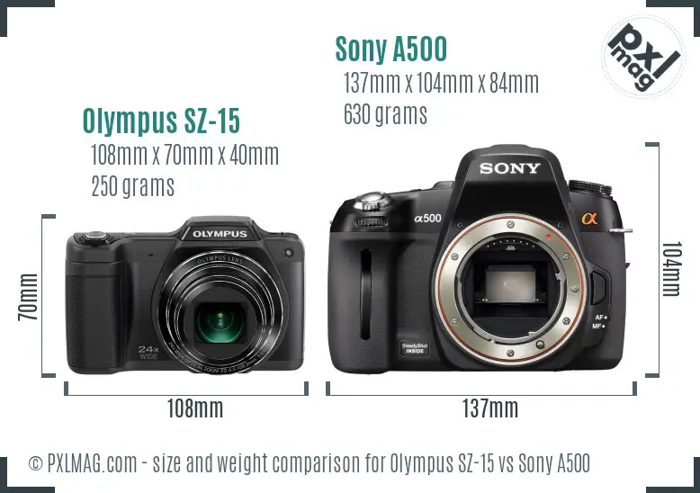 Olympus SZ-15 vs Sony A500 size comparison