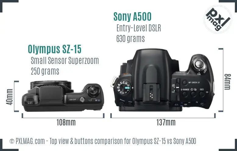 Olympus SZ-15 vs Sony A500 top view buttons comparison