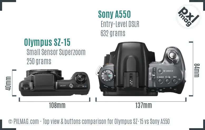 Olympus SZ-15 vs Sony A550 top view buttons comparison