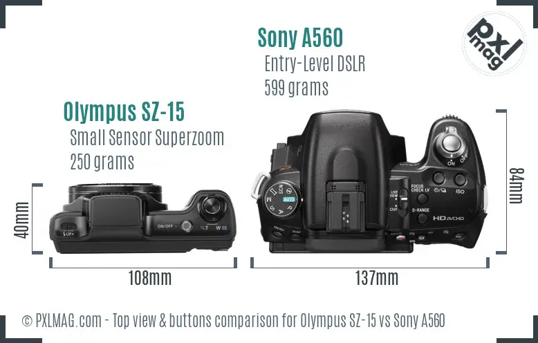 Olympus SZ-15 vs Sony A560 top view buttons comparison