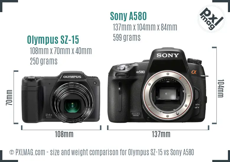 Olympus SZ-15 vs Sony A580 size comparison