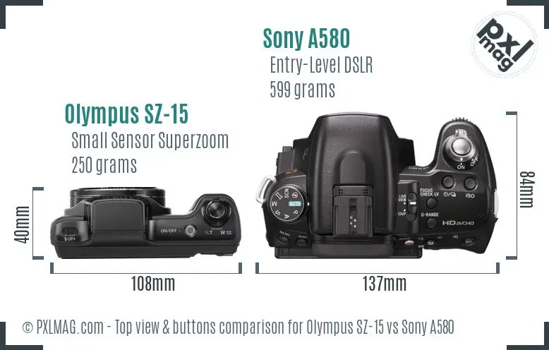 Olympus SZ-15 vs Sony A580 top view buttons comparison