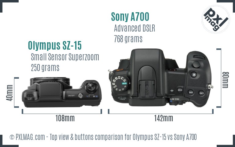 Olympus SZ-15 vs Sony A700 top view buttons comparison