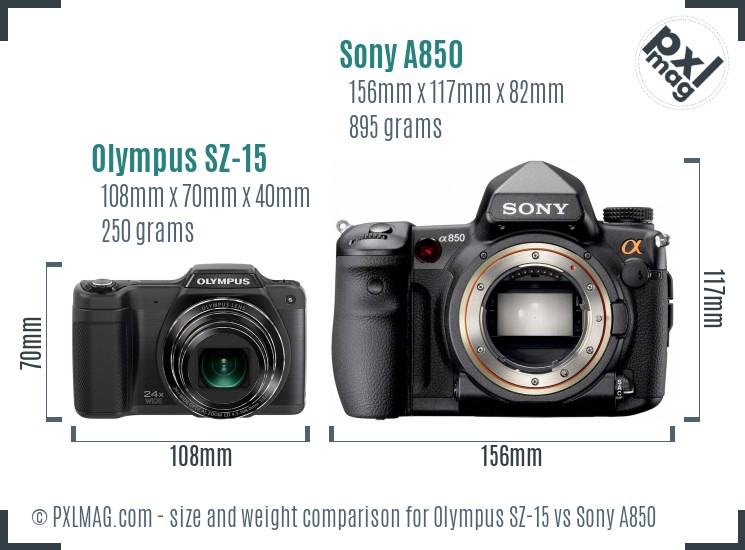 Olympus SZ-15 vs Sony A850 size comparison