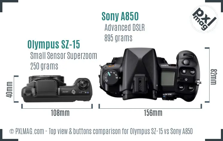 Olympus SZ-15 vs Sony A850 top view buttons comparison
