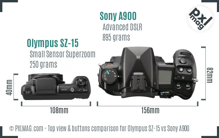 Olympus SZ-15 vs Sony A900 top view buttons comparison