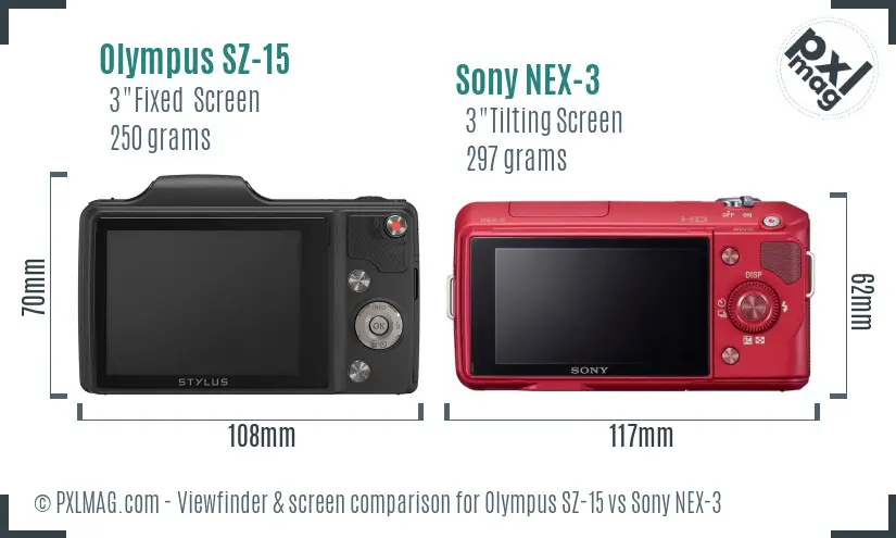 Olympus SZ-15 vs Sony NEX-3 Screen and Viewfinder comparison
