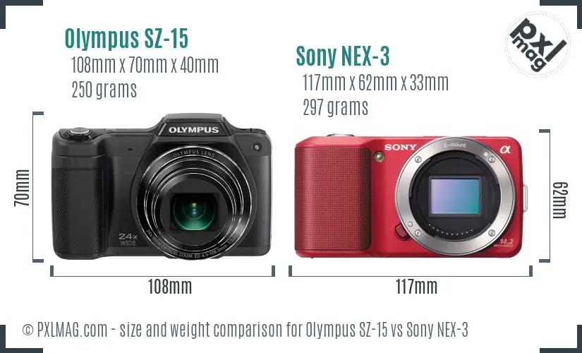 Olympus SZ-15 vs Sony NEX-3 size comparison