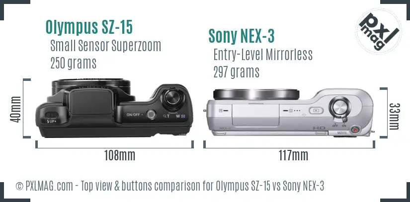Olympus SZ-15 vs Sony NEX-3 top view buttons comparison