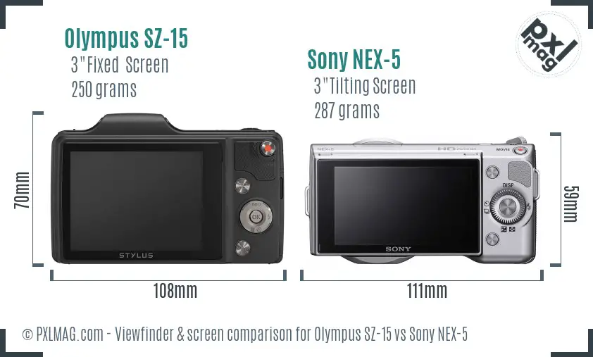 Olympus SZ-15 vs Sony NEX-5 Screen and Viewfinder comparison