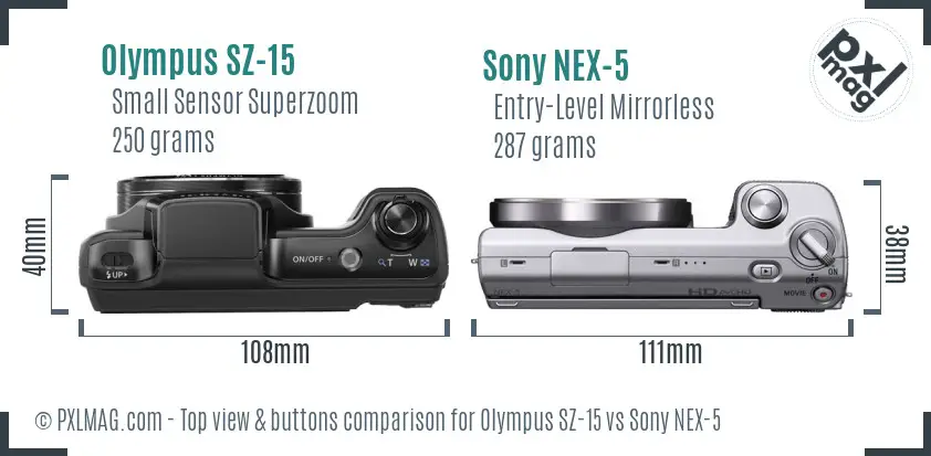 Olympus SZ-15 vs Sony NEX-5 top view buttons comparison