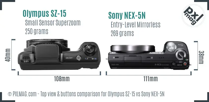 Olympus SZ-15 vs Sony NEX-5N top view buttons comparison