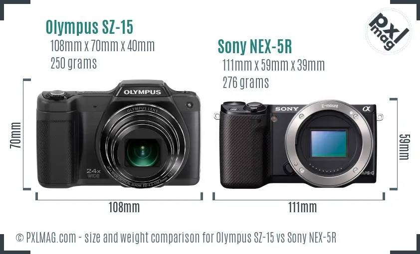 Olympus SZ-15 vs Sony NEX-5R size comparison