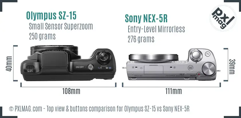 Olympus SZ-15 vs Sony NEX-5R top view buttons comparison
