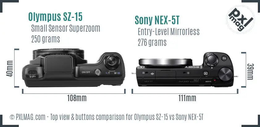 Olympus SZ-15 vs Sony NEX-5T top view buttons comparison