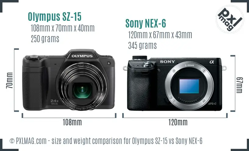 Olympus SZ-15 vs Sony NEX-6 size comparison