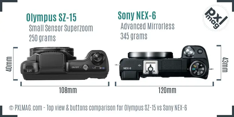 Olympus SZ-15 vs Sony NEX-6 top view buttons comparison
