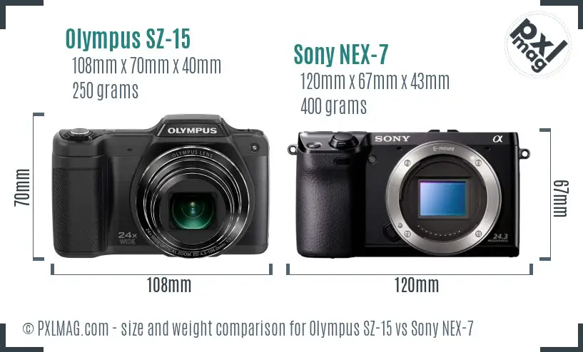 Olympus SZ-15 vs Sony NEX-7 size comparison
