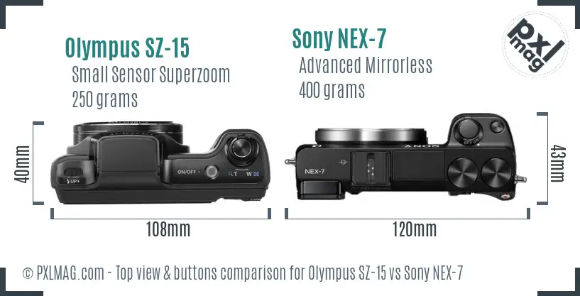 Olympus SZ-15 vs Sony NEX-7 top view buttons comparison