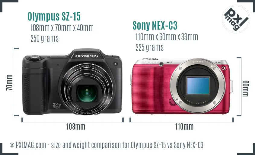 Olympus SZ-15 vs Sony NEX-C3 size comparison