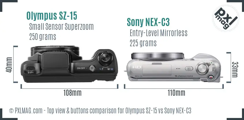Olympus SZ-15 vs Sony NEX-C3 top view buttons comparison