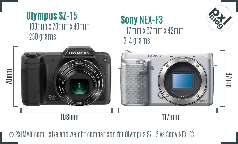 Olympus SZ-15 vs Sony NEX-F3 size comparison
