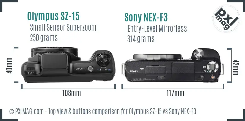 Olympus SZ-15 vs Sony NEX-F3 top view buttons comparison