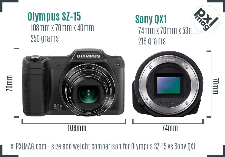 Olympus SZ-15 vs Sony QX1 size comparison