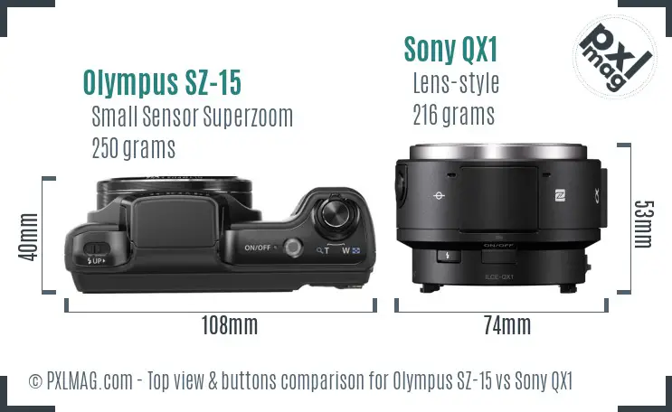 Olympus SZ-15 vs Sony QX1 top view buttons comparison